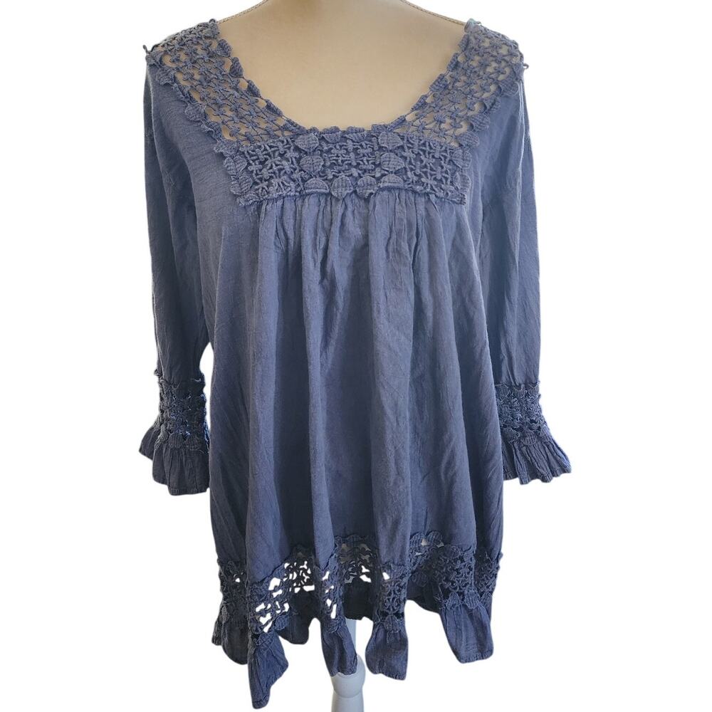 Noelle Blue Hippie Festival Crochet Detail Peasant Tunic Blouse Plus XXL 16/18